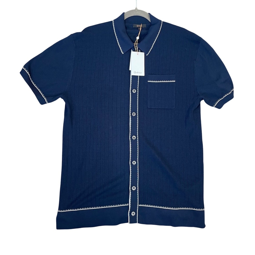 Quince Mens Silk Organic Cotton Button Down Polo Sweater Navy Blue Large ZJSA001